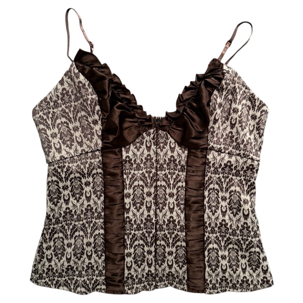 Vintage Y2K XOXO Brown & Cream Corset Cami Tank Top - Satin Ruching & Ruffles M
